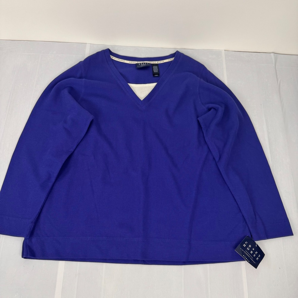 NWT Crazy Horse Sweater Women 1X Purple Mock Layer V-Neck Ribbed Cotton Pullover